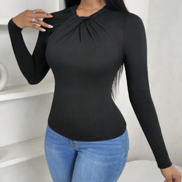Women's Solid Color Pleated Collar Slim Fit Hip Hugging Long Sleeved T-shirt Top - Image 2