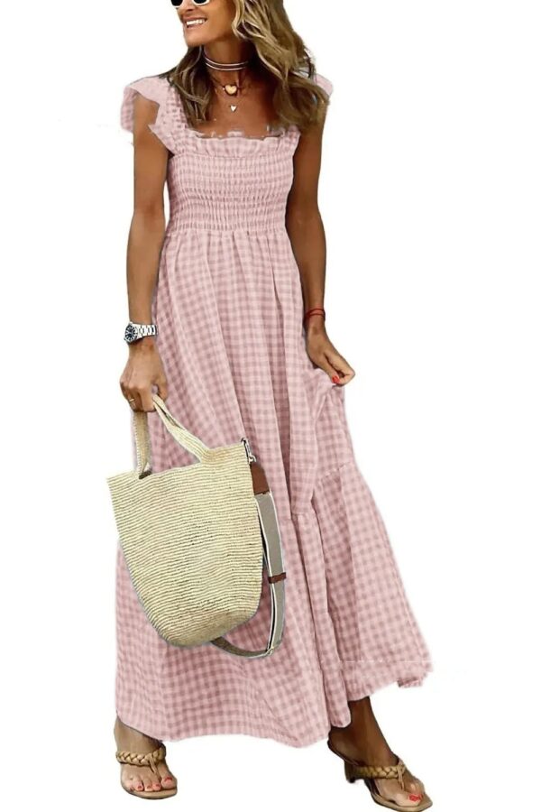 Summer Plaid Print Pleated Ruffle Dress INS Fashion Sleeveless A-line Swing Beach Dress Women's Clothing - Image 2