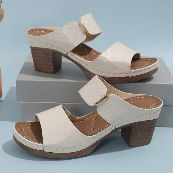 Chunky Heel Sandals Summer Round Toe Plaid Slides Slippers Fashion Outdoor High Heels Shoes For Women - Image 7