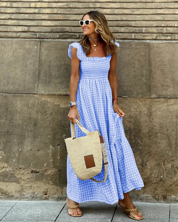 Summer Plaid Print Pleated Ruffle Dress INS Fashion Sleeveless A-line Swing Beach Dress Women's Clothing - Image 4