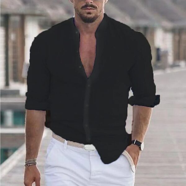 Men's Long Sleeve Shirt With Button Casual Solid Color Tops For Spring Autumn - Image 9