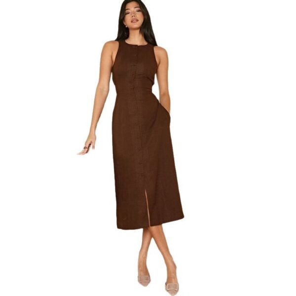 Sleeveless Round Neck Multi-button Strap Casual Dress - Image 5