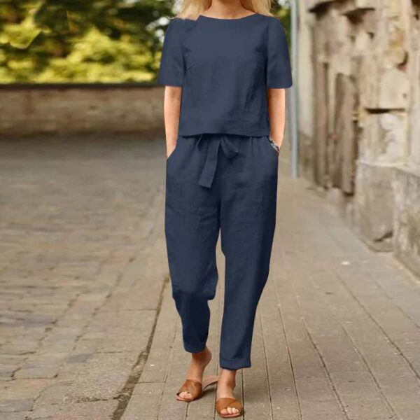 Women's Cotton Hemp Half Sleeve O-Neck Oversized Hoodie Wide Leg Pants Retro Set Two Pieces - Image 3
