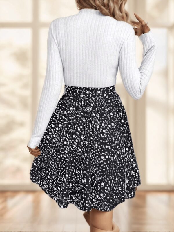 Frenchy Ditsy Floral Print Mock Neck Belted Bottom Top Two Tone A Line Floral Print Dress - Image 6