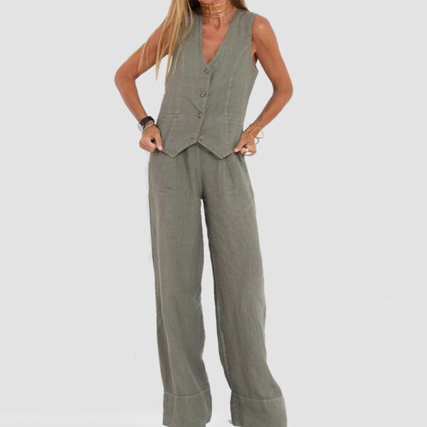 Summer Vest Suits V-neck Botton Sleeveless Top And Loose Straight Trousers Casual Womens Clothing - Image 9