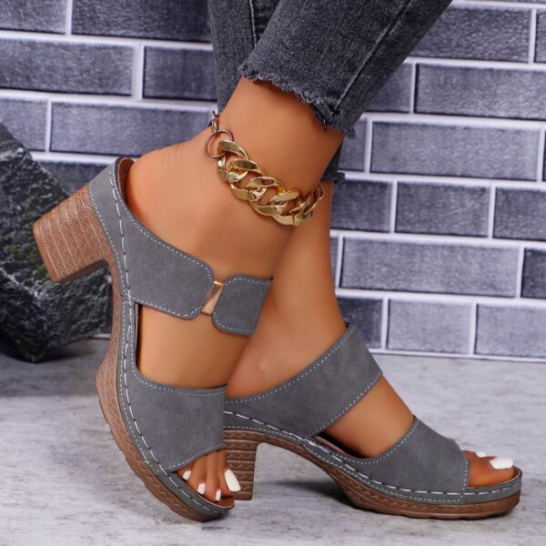 Chunky Heel Sandals Summer Round Toe Plaid Slides Slippers Fashion Outdoor High Heels Shoes For Women - Image 2