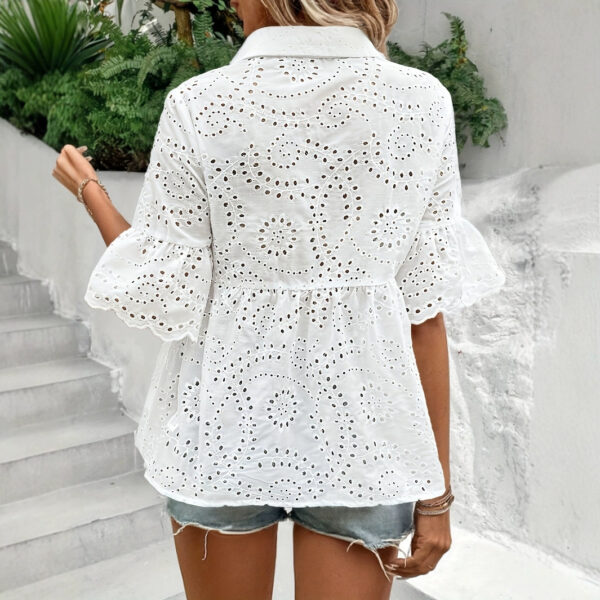 Women's Floral Embroidered Single-breasted Frill Sleeve Casual Loose Top - Image 4