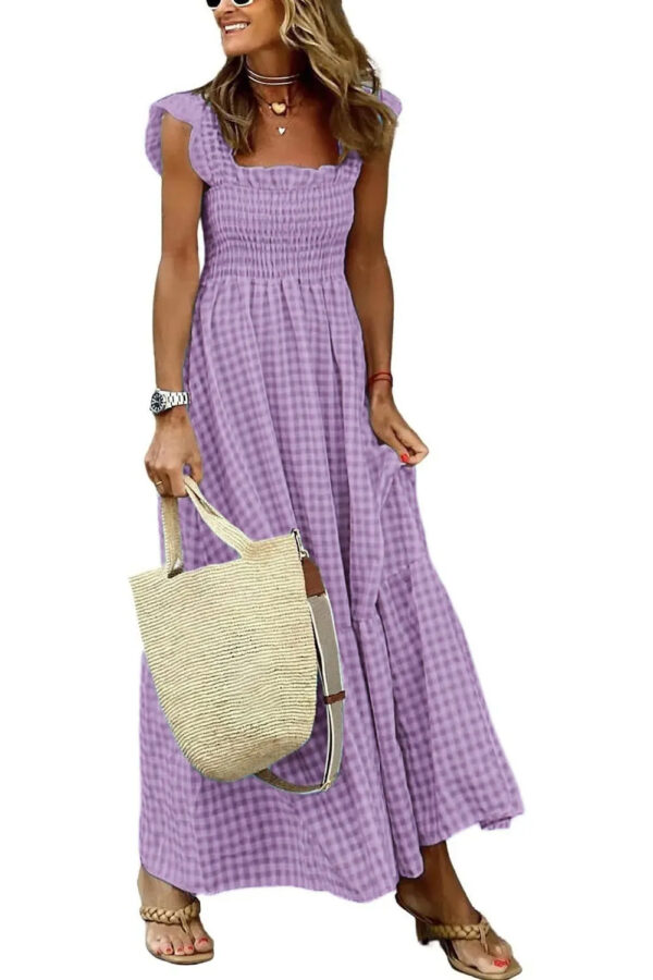 Summer Plaid Print Pleated Ruffle Dress INS Fashion Sleeveless A-line Swing Beach Dress Women's Clothing - Image 7