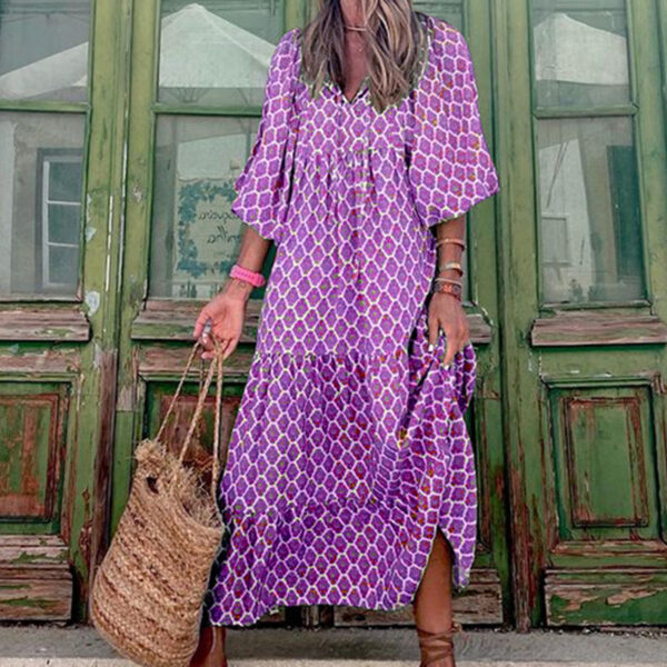 Summer Women's Vintage Printed Bohemian Dress Elegant Ladies Casual Loose V-Neck Short Sleeve Long Dresses - Image 10