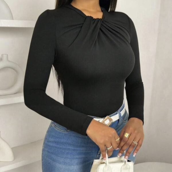 Women's Solid Color Pleated Collar Slim Fit Hip Hugging Long Sleeved T-shirt Top - Image 5