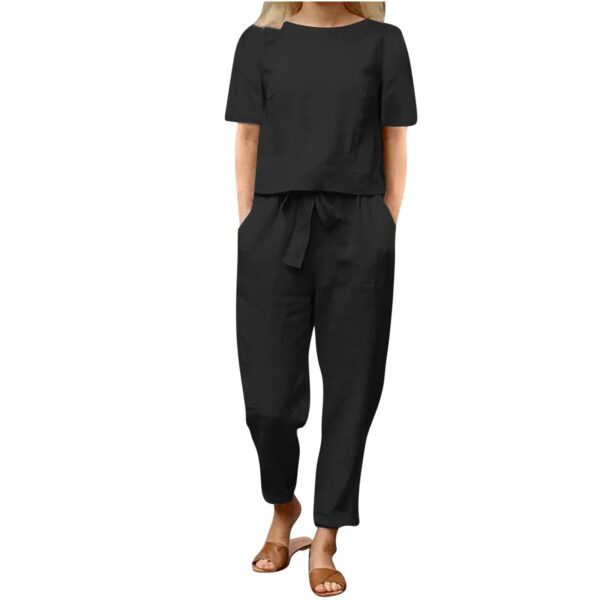 Women's Cotton Hemp Half Sleeve O-Neck Oversized Hoodie Wide Leg Pants Retro Set Two Pieces - Image 4