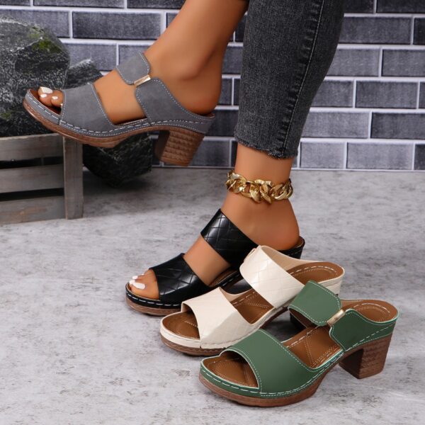 Chunky Heel Sandals Summer Round Toe Plaid Slides Slippers Fashion Outdoor High Heels Shoes For Women - Image 3