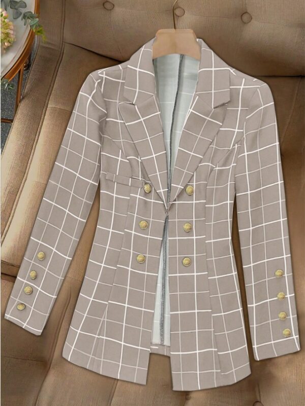 Women's Button Front Lapel Long Sleeve Plaid Casual Blazer - Image 5