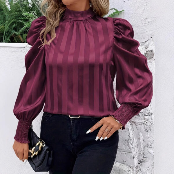 Solid Color Stand-up Collar Long Sleeve Shirt Women - Image 2