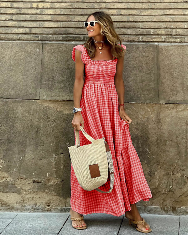 Summer Plaid Print Pleated Ruffle Dress INS Fashion Sleeveless A-line Swing Beach Dress Women's Clothing - Image 8