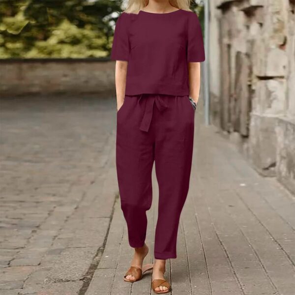 Women's Cotton Hemp Half Sleeve O-Neck Oversized Hoodie Wide Leg Pants Retro Set Two Pieces - Image 8