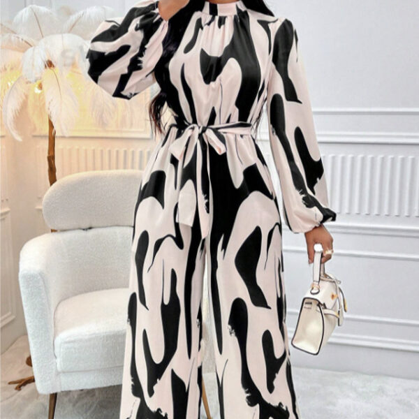 Ladies' Fashionable And Elegant Autumn And Winter Long Sleeved Full Printed Cold Shoulder Lantern Sleeves Jumpsuit With Elegant Orientation - Image 3