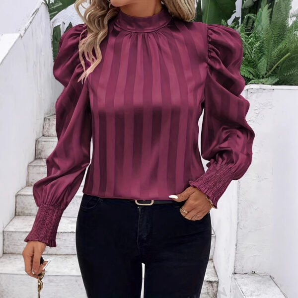 Solid Color Stand-up Collar Long Sleeve Shirt Women - Image 3