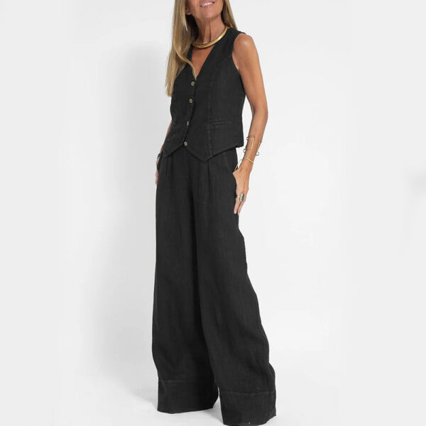 Summer Vest Suits V-neck Botton Sleeveless Top And Loose Straight Trousers Casual Womens Clothing - Image 7