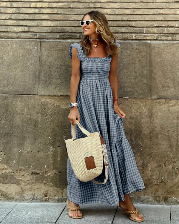 Summer Plaid Print Pleated Ruffle Dress INS Fashion Sleeveless A-line Swing Beach Dress Women's Clothing - Image 6