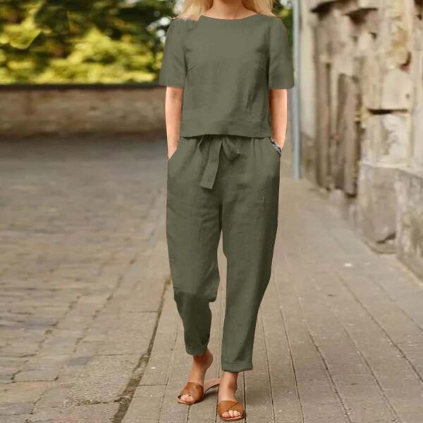 Women's Cotton Hemp Half Sleeve O-Neck Oversized Hoodie Wide Leg Pants Retro Set Two Pieces - Image 2