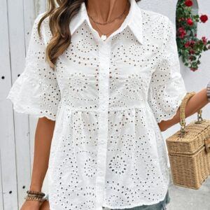 Women's Floral Embroidered Single-breasted Frill Sleeve Casual Loose Top
