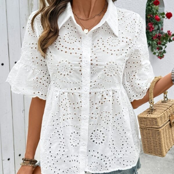 Women's Floral Embroidered Single-breasted Frill Sleeve Casual Loose Top