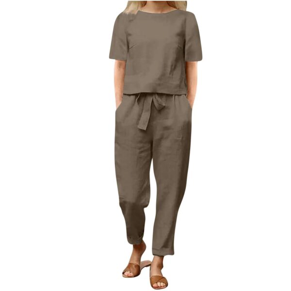 Women's Cotton Hemp Half Sleeve O-Neck Oversized Hoodie Wide Leg Pants Retro Set Two Pieces - Image 6