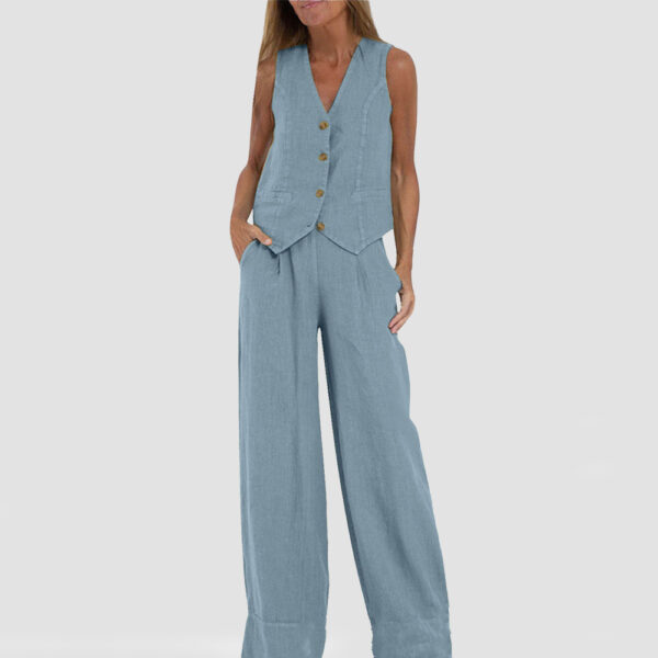 Summer Vest Suits V-neck Botton Sleeveless Top And Loose Straight Trousers Casual Womens Clothing - Image 4