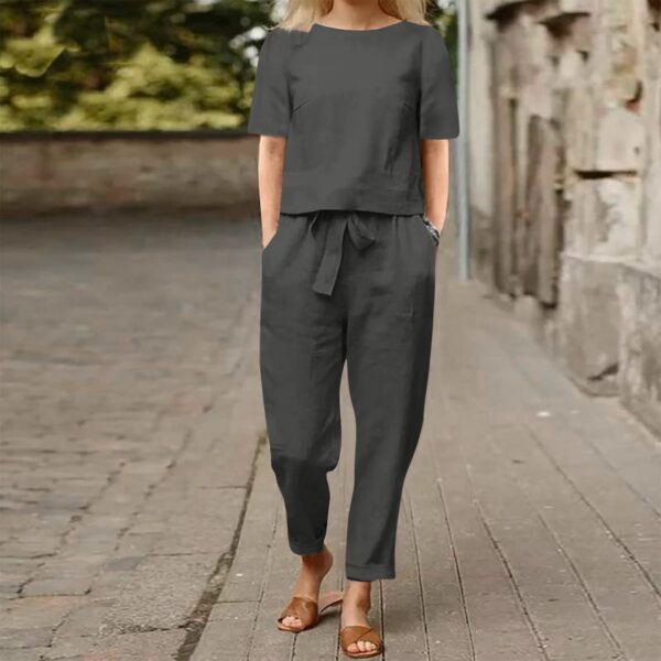 Women's Cotton Hemp Half Sleeve O-Neck Oversized Hoodie Wide Leg Pants Retro Set Two Pieces - Image 7