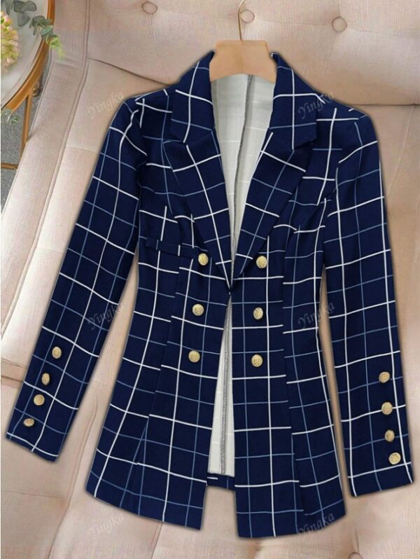 Women's Button Front Lapel Long Sleeve Plaid Casual Blazer - Image 2