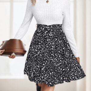 Frenchy Ditsy Floral Print Mock Neck Belted Bottom Top Two Tone A Line Floral Print Dress