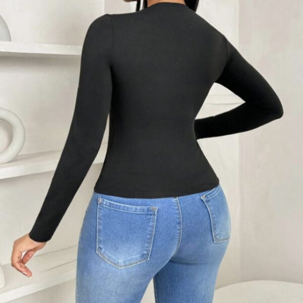Women's Solid Color Pleated Collar Slim Fit Hip Hugging Long Sleeved T-shirt Top - Image 4