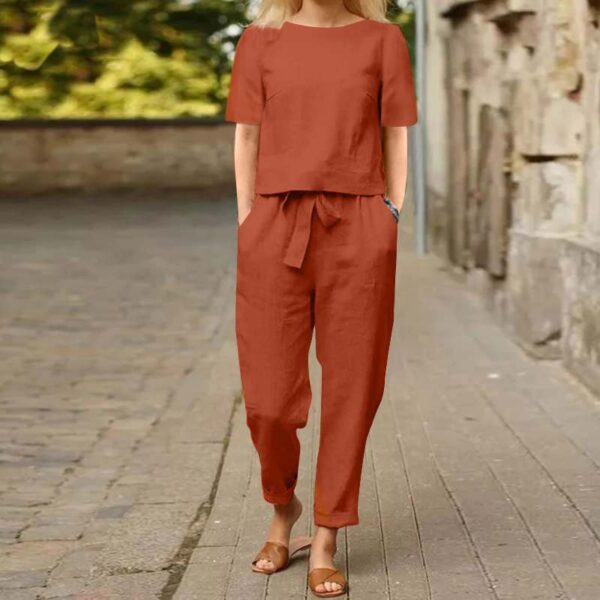 Women's Cotton Hemp Half Sleeve O-Neck Oversized Hoodie Wide Leg Pants Retro Set Two Pieces - Image 5