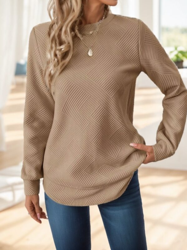 Women Casual Comfortable Waffle-Textured Asymmetrical Hem Crew Neck Sweatshirt