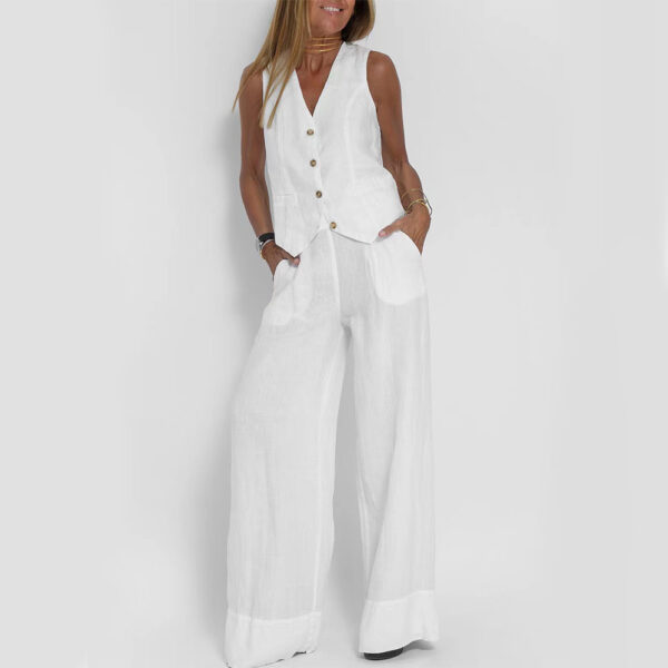 Summer Vest Suits V-neck Botton Sleeveless Top And Loose Straight Trousers Casual Womens Clothing - Image 8