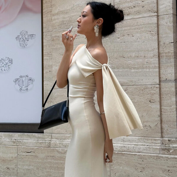 One-shoulder Ribbon Long Dress Ins Fashion Slim Sleeveless Dresses For Evening Party Club Clothing Women - Image 4