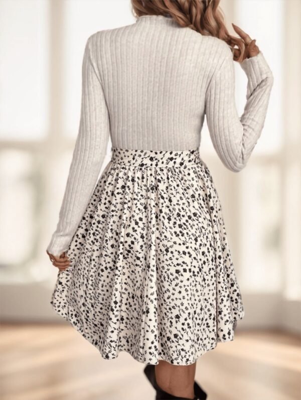 Frenchy Ditsy Floral Print Mock Neck Belted Bottom Top Two Tone A Line Floral Print Dress - Image 5