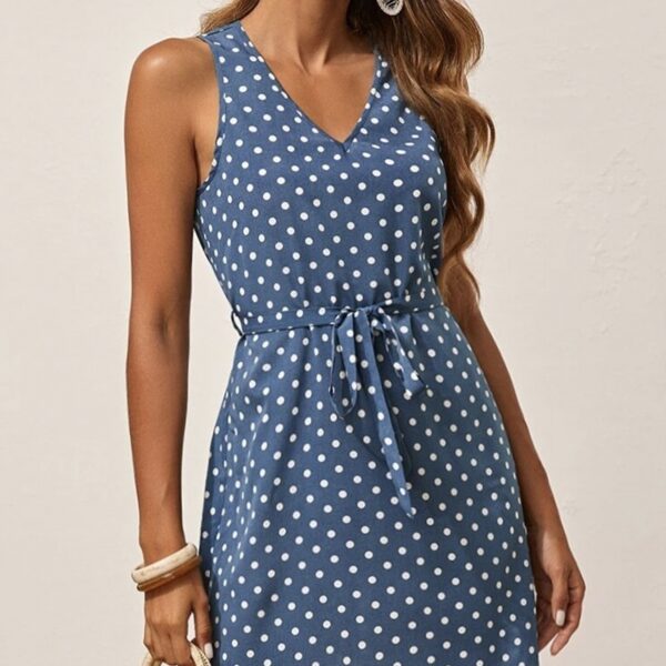 Ladies' V-neck Polka Dot Fashionable Casual Lace Up Off Shoulder Sexy Home Dress Dress - Image 2