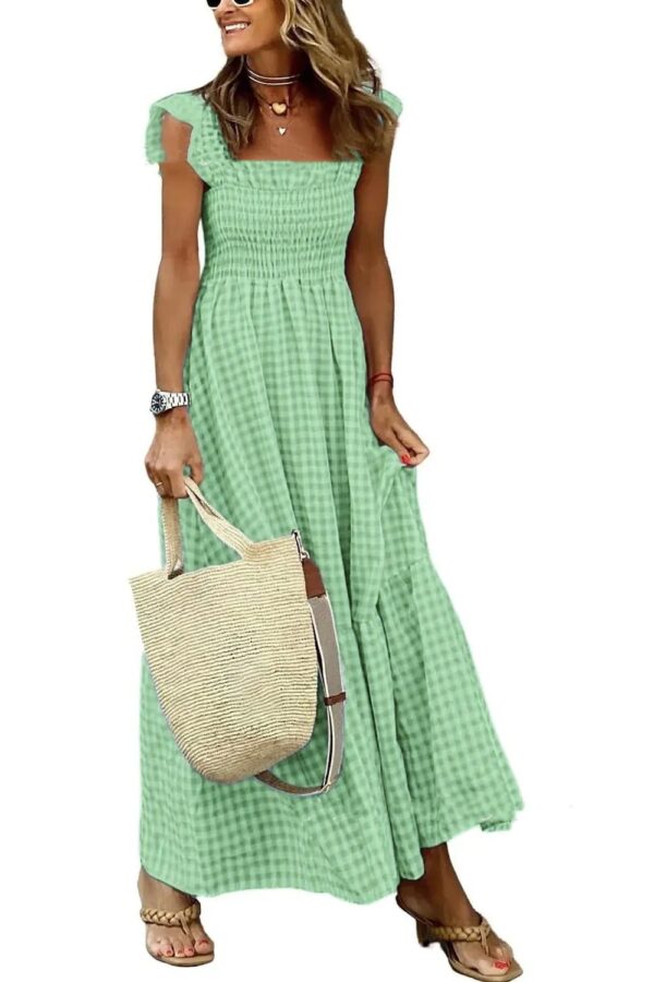 Summer Plaid Print Pleated Ruffle Dress INS Fashion Sleeveless A-line Swing Beach Dress Women's Clothing - Image 5