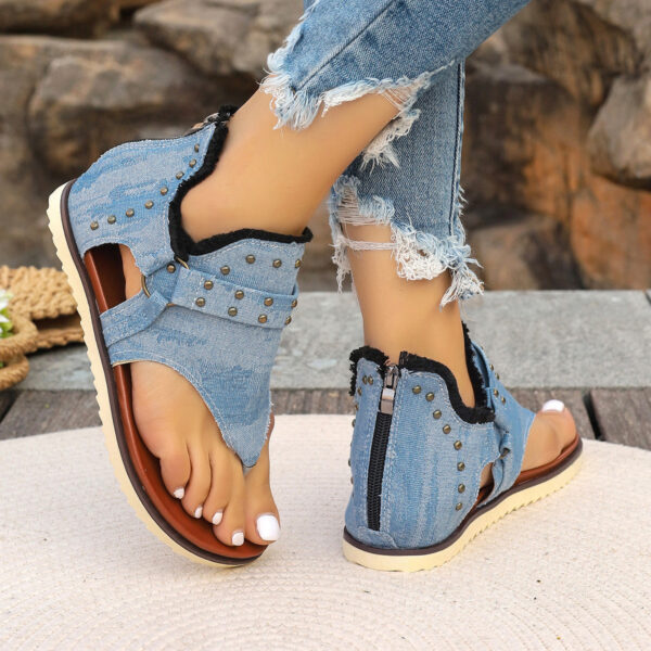Denim Thong Sandals With Rear Zipper Summer Retro Beach Flat Shoes For Women - Image 10