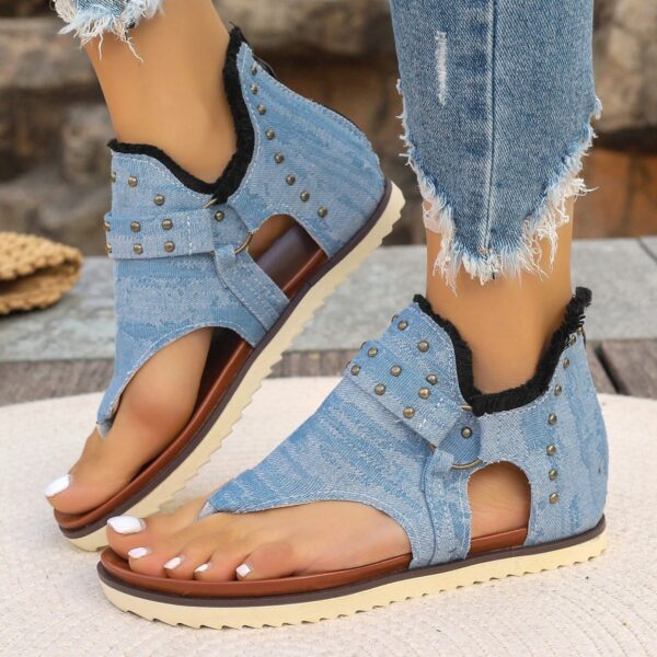 Denim Thong Sandals With Rear Zipper Summer Retro Beach Flat Shoes For Women - Image 8
