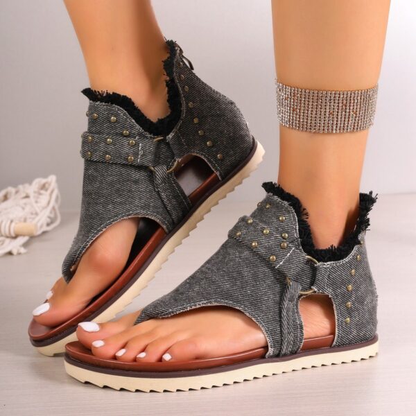 Denim Thong Sandals With Rear Zipper Summer Retro Beach Flat Shoes For Women - Image 4