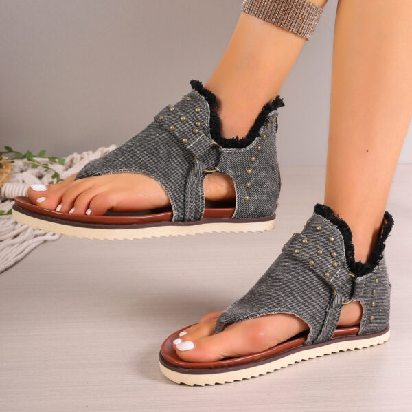 Denim Thong Sandals With Rear Zipper Summer Retro Beach Flat Shoes For Women - Image 7