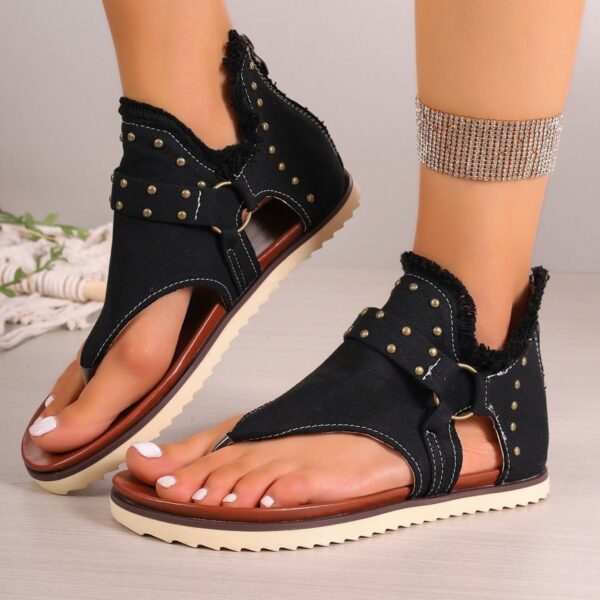 Denim Thong Sandals With Rear Zipper Summer Retro Beach Flat Shoes For Women - Image 3